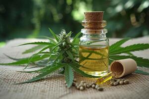 AI generated Bottle of hemp oil with cannabis leaf and hemp seed in the background photo