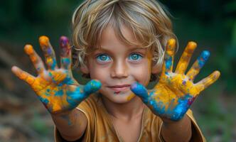 AI generated Boy shows his hands painted with colors. photo