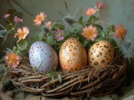 AI generated Easter eggs in nest. Painted eggs set in a basket with feathers and some flowers photo