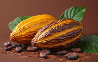 AI generated Cocoa pods and cocoa beans on brown background photo