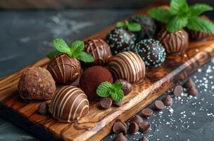 AI generated Various handmade chocolate candies on wooden board photo