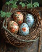 ai generado Pascua de Resurrección huevos en nido en de madera antecedentes foto