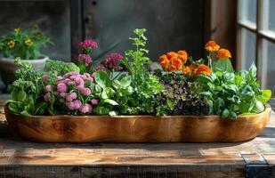 AI generated Wooden bowl filled with colorful flowers and herbs photo