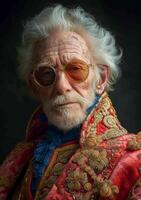 AI generated Old man with white hair and beard wearing red robe and gold glasses photo