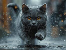 ai generado británico cabello corto gato corriendo en el lluvia con agua gotas volador alrededor foto