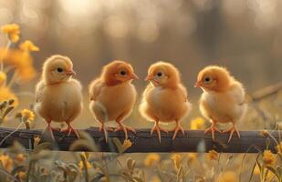 AI generated Four cute little chicks sitting on wooden fence in the garden photo