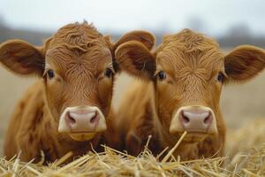 AI generated Two brown calves sitting in haystack photo