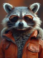 ai generado retrato de gracioso mapache en marrón cuero chaqueta y Gafas de sol foto