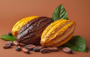 AI generated Cocoa pods and cocoa beans with green leaves on brown background photo