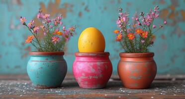 AI generated Easter eggs and flowers on wooden background photo