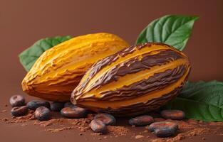 AI generated Cocoa pods and cocoa beans with cocoa powder and chocolate on brown background photo