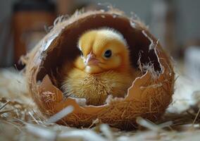 AI generated Cute little chicken hatched from egg and sits in hay nest photo