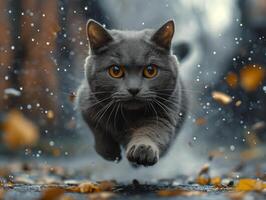 AI generated British shorthair cat running in the falling leaves photo