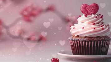 ai generato singolo Cupcake ornato con cuore sagomato glassa e spruzzatori, amante cuore movimento metraggio per sfondo video