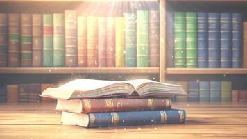 Stack of books open books sitting on top of a wooden table in library setting footage for background video