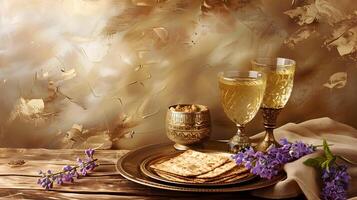 AI generated Beautiful background on the theme of Passover with matzo and wine. AI Generated photo