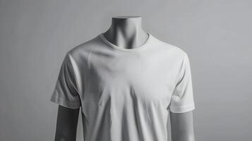 ai generado un blanco blanco camiseta en un maniquí para tu inscripción. ai generado foto