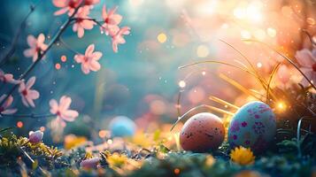 AI generated Beautiful festive Easter background with the main attributes of the holiday with copy space. AI Generated photo