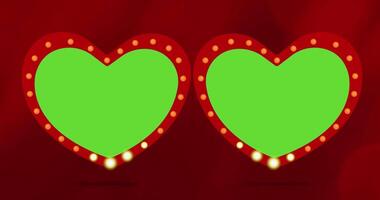 Glowing red heart animation on red background for Valentine's day and wedding concept. Heart frame green screen animation video