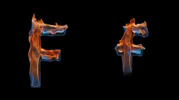 3D letter F appears by fire. Uppercase and lowercase fiery symbols video