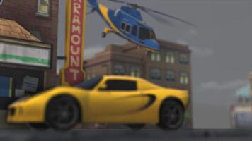 Gelb Sport Auto und Hubschrauber im das Stadt 3d Animation video