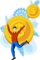 happy man jumping in front of money, wealth vector illustration