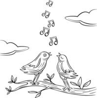 hand drawn couple birds singing on branch vector