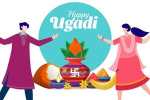 people celebrating happy ugadi festival greeting background vector