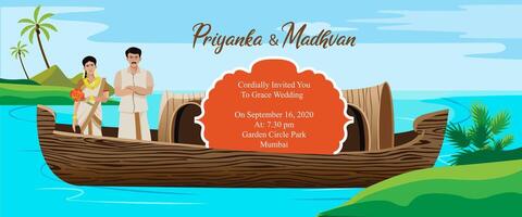 indian kerala wedding card invitation design template  with boat house vector