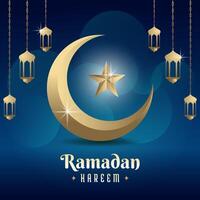 ramzan mubarak greeting with islamic design lantern and eid moon vector