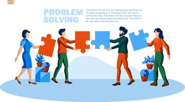 problem solving strategy with jigsaw and team conversation efforts concept vector illustration