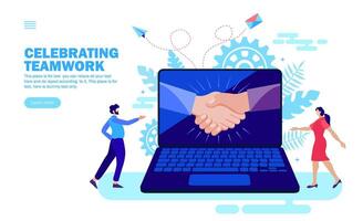 shake hand and congratulations in computer with people celebrating teamwork, shake hand, congratulation vector illustration