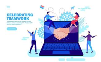 hands joining in computer with people celebrating teamwork , sitting on computer, shake hand, congratulation vector illustration