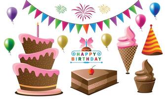 Birthday party elements for celebration such as pestry, balloon, cake, birthday hat, cup cake vector