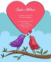 hand drawn wedding card template with birds colored vector