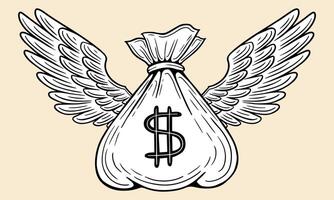 money bag with wings, money flying  hand drawn  vector illustration
