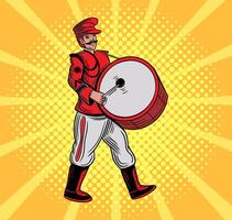 latón banda personaje en rojo vestir jugando tambor vector