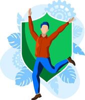 happy man jumping in front of shield protection, security vector illustration