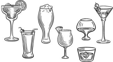 cocktail drink glasses hand drawn engraved sketch drawing vector