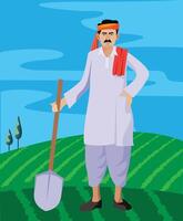 indio granjero en pie en granja con pala vector
