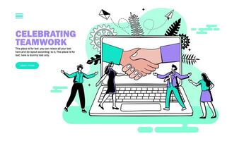 hands joining in computer with people celebrating teamwork, shake hand, congratulation vector