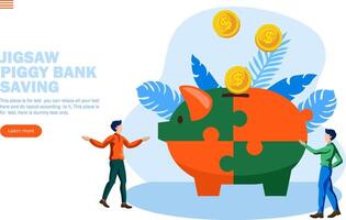 two person discussing money saving with jigsaw piggy bank concept vector illustration