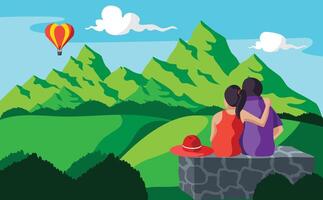 travelling couple sitting and looking mountain landscape vector