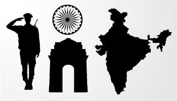 india map, india gate, ashoka chakra and soldier silhouette vector