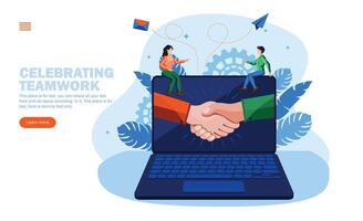 people celebrating teamwork and processes with joining hands in computer, sitting on computer concept vector illustration