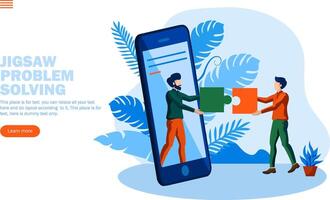 problem solving with jigsaw and two person conversation with mobile concept vector illustration
