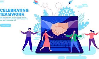 hands joining in computer with people celebrating teamwork, shake hand, congratulation vector