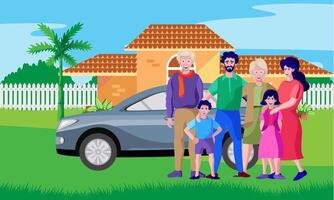 happy family standing in front of car and home vector