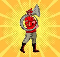 latón banda personaje en rojo vestir jugando sousaphone vector