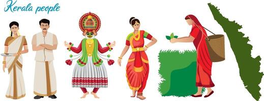 kerala people in traditional dress with map vector